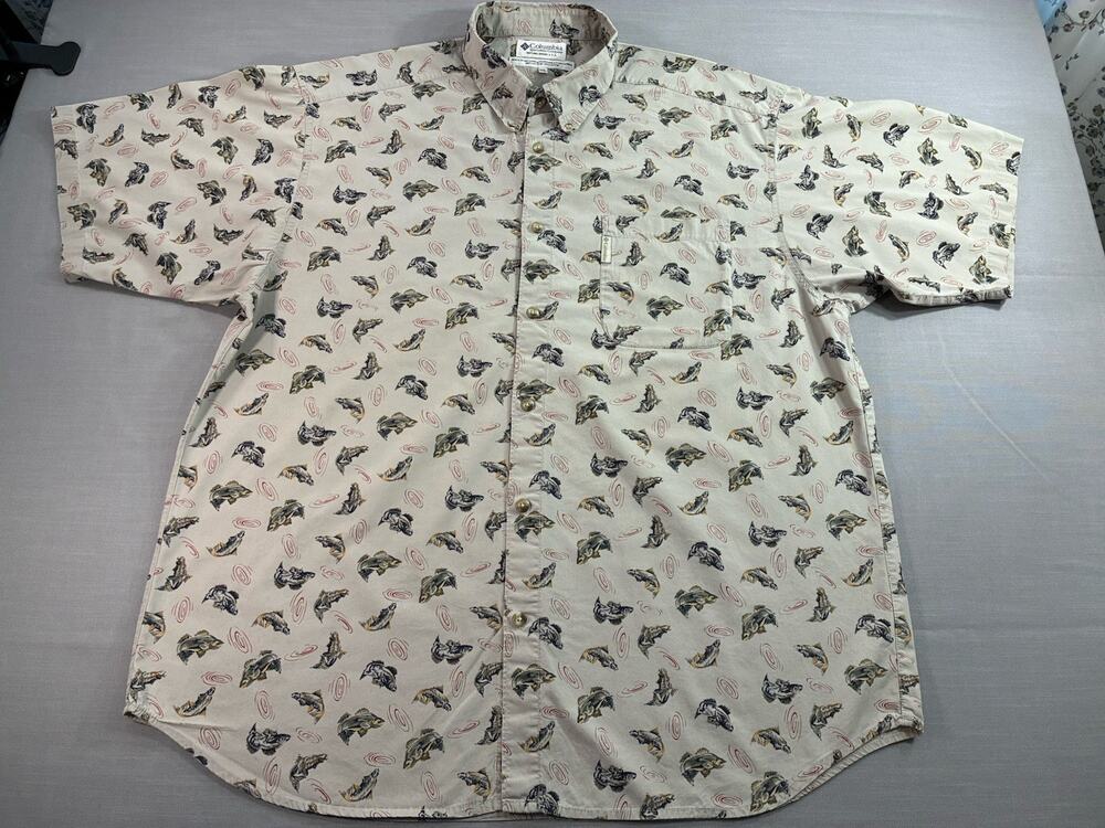 Columbia Mens XXL All Over Fish Print Button Up Shirt Fishing Outdoors Sportsman